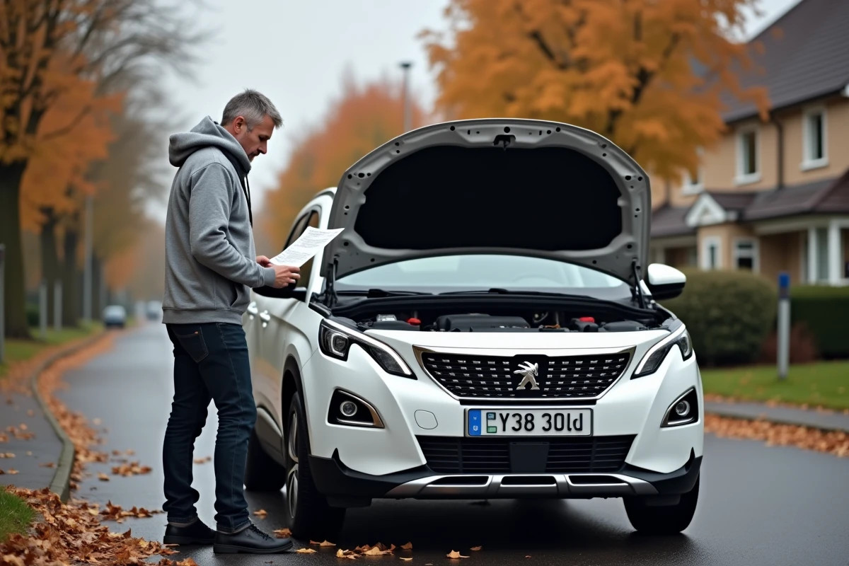 Propriétaire de Peugeot 3008 inspectant le moteur turbo sur une rue résidentielle avec un rapport de diagnostic du code P2563