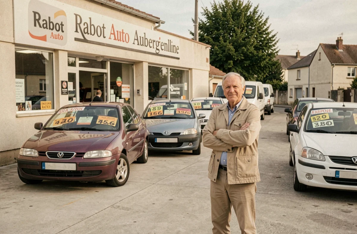 Rabot Auto à Aubergenville, garage familial de voitures d'occasion avec un vendeur posant devant les véhicules en vente