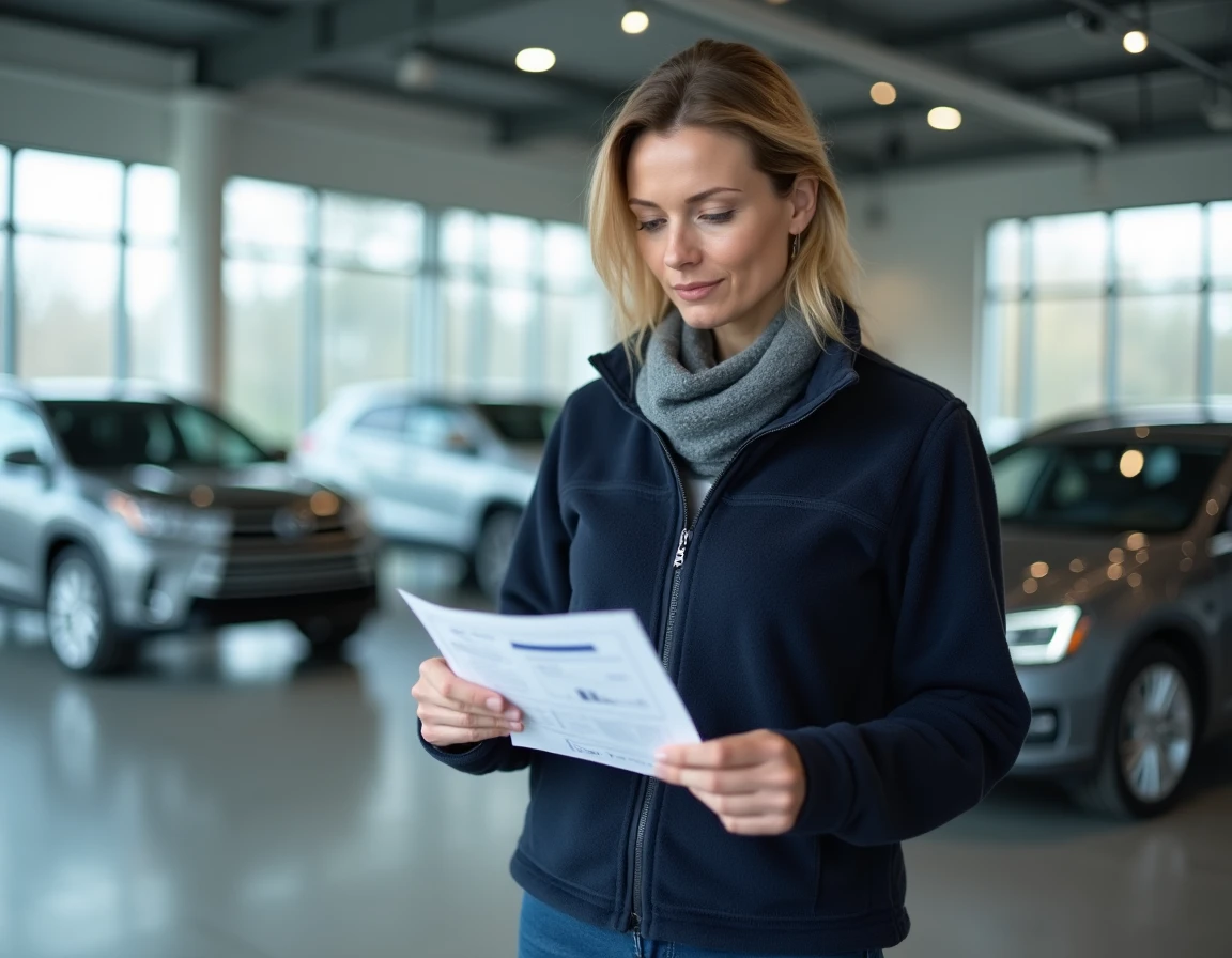 Femme consultant le rapport d'historique d'un véhicule d'occasion dans une salle d'exposition automobile
