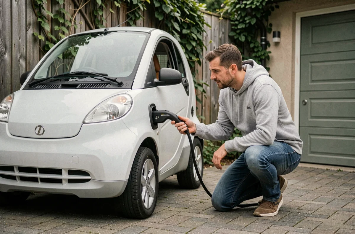 Homme inspectant le câble de recharge d'une voiture sans permis électrique 4 places sur une borne domestique dans une allée privée