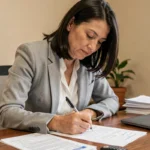 Femme rédigeant une lettre de résiliation d'assurance auto à son bureau avec un stylo et des documents officiels