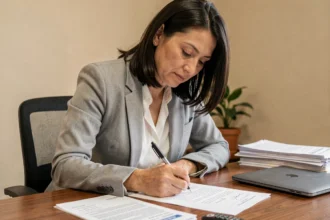 Femme rédigeant une lettre de résiliation d'assurance auto à son bureau avec un stylo et des documents officiels