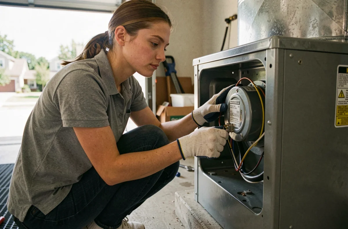 Technicienne remplaçant un condensateur de démarrage dans un système de climatisation résidentiel