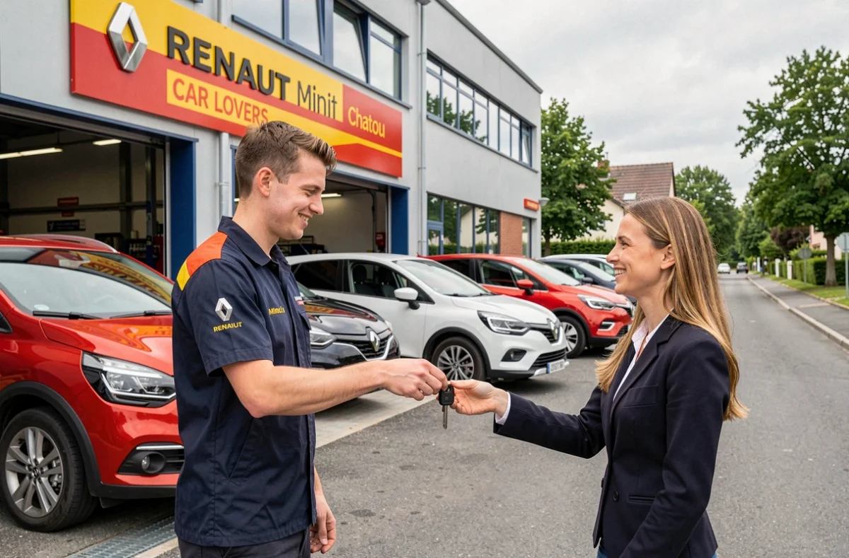 Garage Renault Minute Car Lovers à Chatou avec des Renault d'occasion et une remise de clés à une cliente