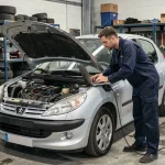 Mécanicien connectant un câble OBD à une Peugeot 206 dans un atelier automobile pour une reprogrammation moteur