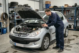 Mécanicien connectant un câble OBD à une Peugeot 206 dans un atelier automobile pour une reprogrammation moteur