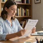 Jeune femme consultant son justificatif de résultat de permis de conduire à son bureau à domicile