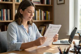 Jeune femme consultant son justificatif de résultat de permis de conduire à son bureau à domicile