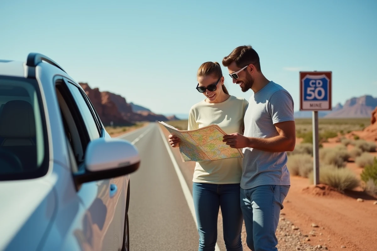 Couple consultant une carte routière et un convertisseur miles en kilomètres lors d'un road trip en voiture de location aux États-Unis