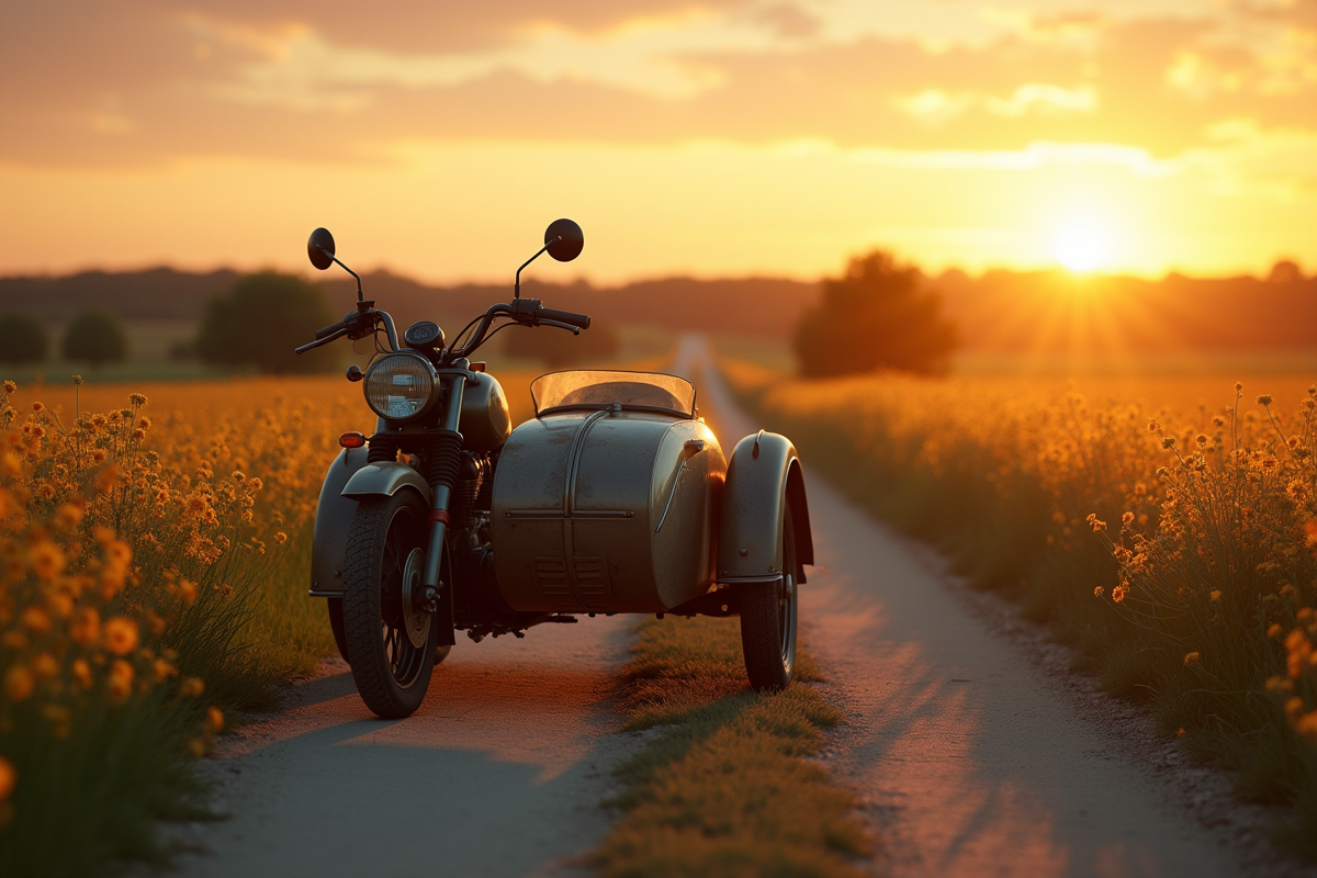 Sidecar abandonné sur une route de campagne au coucher du soleil