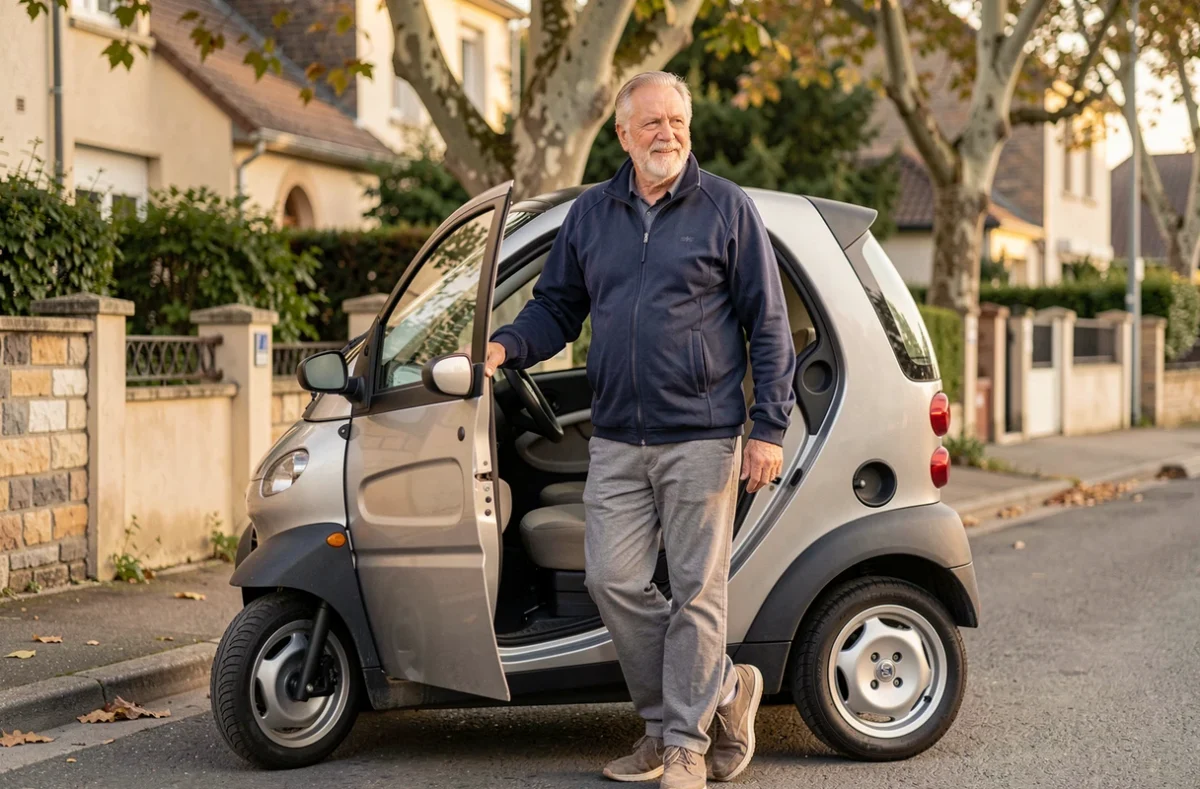 Homme senior sortant d'une voiture sans permis dans un quartier résidentiel français