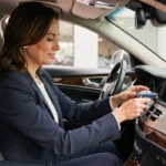 Femme professionnelle installant un sent bon personnalisé sur le tableau de bord d'une voiture de société haut de gamme