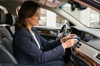 Femme professionnelle installant un sent bon personnalisé sur le tableau de bord d'une voiture de société haut de gamme