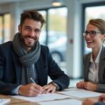 Jeune homme souriant signant un contrat d'achat voiture