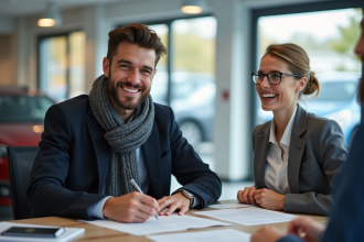 Jeune homme souriant signant un contrat d'achat voiture
