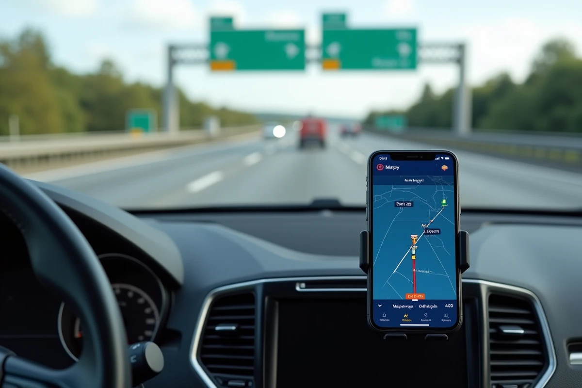 Smartphone fixé sur support voiture affichant l'itinéraire Mappy sur autoroute française avec indications de navigation