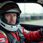 Pilote en combinaison de course assis dans un cockpit de voiture de piste lors d'un stage de pilotage sur circuit