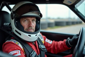 Pilote en combinaison de course assis dans un cockpit de voiture de piste lors d'un stage de pilotage sur circuit
