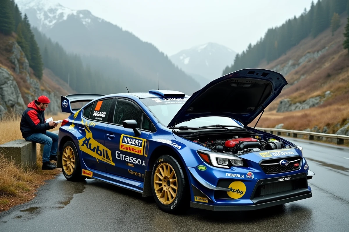 Subaru Impreza WRC capot ouvert en montagne lors d'une pause de service, moteur boxer turbo visible et paysage alpin en arrière-plan
