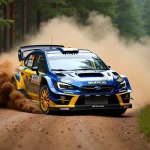Subaru World Rally Car en action sur une spéciale de gravier en forêt, soulevant un nuage de poussière, livrée bleue et or iconique