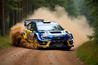 Subaru World Rally Car en action sur une spéciale de gravier en forêt, soulevant un nuage de poussière, livrée bleue et or iconique