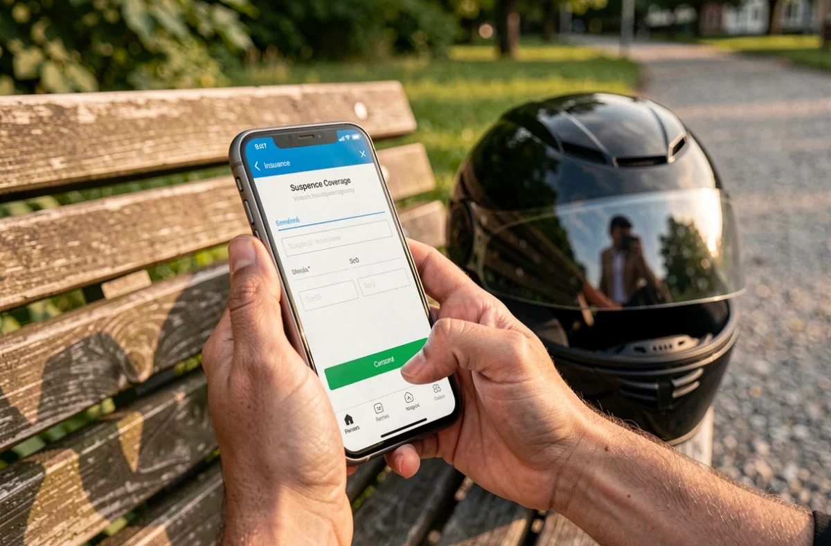 Une personne utilise une application mobile pour suspendre son assurance moto en ligne depuis un parc
