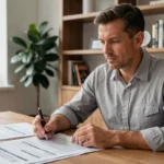 Un homme consulte les documents de son assurance moto pour en suspendre la couverture