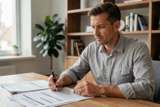 Un homme consulte les documents de son assurance moto pour en suspendre la couverture