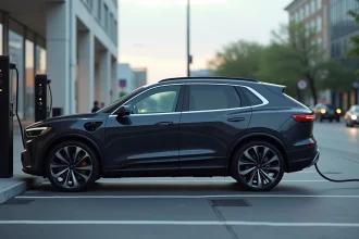 SUV électrique 4x4 en charge à une borne de recharge rapide en ville, comparaison rentabilité véhicule électrique