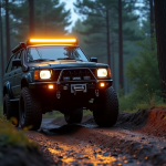 SUV tout-terrain dans la boue en forêt au crépuscule