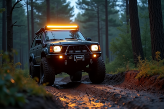 SUV tout-terrain dans la boue en forêt au crépuscule
