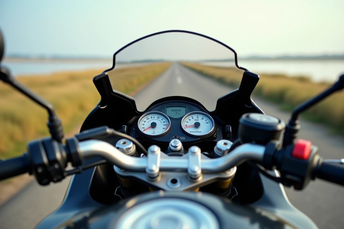 Tableau de bord et guidon d'une Honda CBR 1000 F avec vue sur une route droite traversant les marais de Camargue