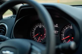 Tableau de bord d'une voiture avec compteur de puissance indiquant les kilowatts et chevaux vapeur