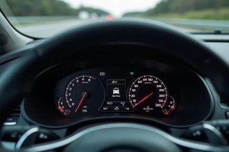 Tableau de bord de voiture affichant la vitesse en miles par heure et en kilomètres par heure