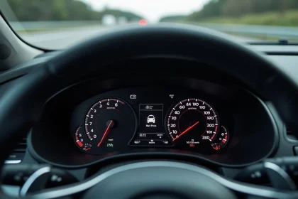 Tableau de bord de voiture affichant la vitesse en miles par heure et en kilomètres par heure