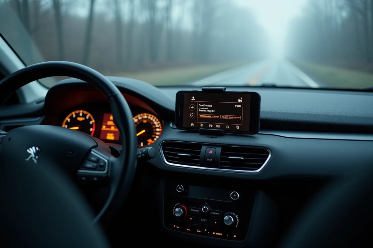 Tableau de bord d'une Peugeot affichant le voyant moteur allumé et le code P2563 sur une application de diagnostic smartphone au démarrage à froid
