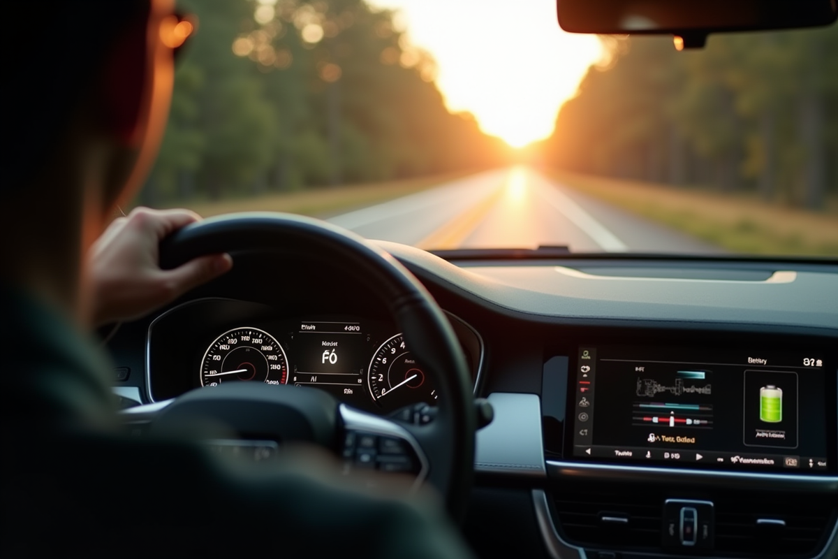 Intérieur voiture vue du conducteur avec indicateur de batterie en charge