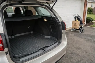 Coffre de Peugeot 308 SW ouvert avec tapis de protection anthracite ajusté et bords relevés, vue arrière trois quarts