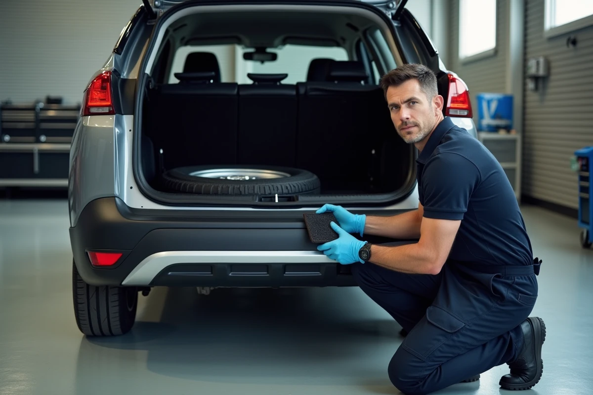Technicien automobile soulevant le plancher du coffre d'un Peugeot 3008 phase 2 pour accéder à la roue de secours