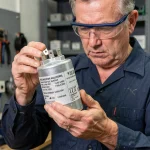 Technicien électricien tenant un condensateur de moteur électrique dans un atelier professionnel