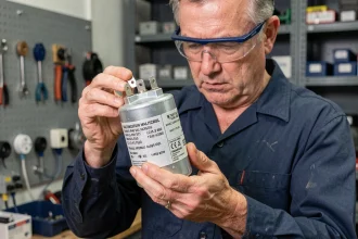 Technicien électricien tenant un condensateur de moteur électrique dans un atelier professionnel