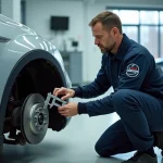 Technicien DEKRA en uniforme effectuant un contrôle technique sur les freins d'une voiture dans un centre agréé moderne
