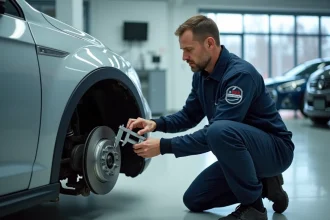Technicien DEKRA en uniforme effectuant un contrôle technique sur les freins d'une voiture dans un centre agréé moderne