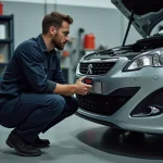 Technicien automobile diagnostiquant un code erreur P2563 sur une Peugeot avec un scanner OBD2 dans un garage professionnel