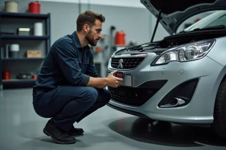 Technicien automobile diagnostiquant un code erreur P2563 sur une Peugeot avec un scanner OBD2 dans un garage professionnel