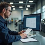 Technicien automobile habilité ANTS consultant les documents de carte grise sur ordinateur dans un garage professionnel