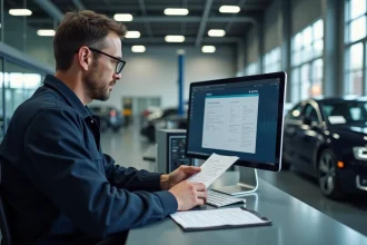 Technicien automobile habilité ANTS consultant les documents de carte grise sur ordinateur dans un garage professionnel