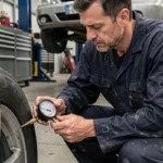 Technicien automobile vérifiant la pression d'un pneu à 35 psi avec un manomètre dans un garage professionnel