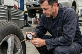 Technicien automobile vérifiant la pression d'un pneu à 35 psi avec un manomètre dans un garage professionnel