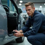 Technicien automobile connectant un scanner OBD-II sous le tableau de bord d'une voiture pour lire les codes DTC